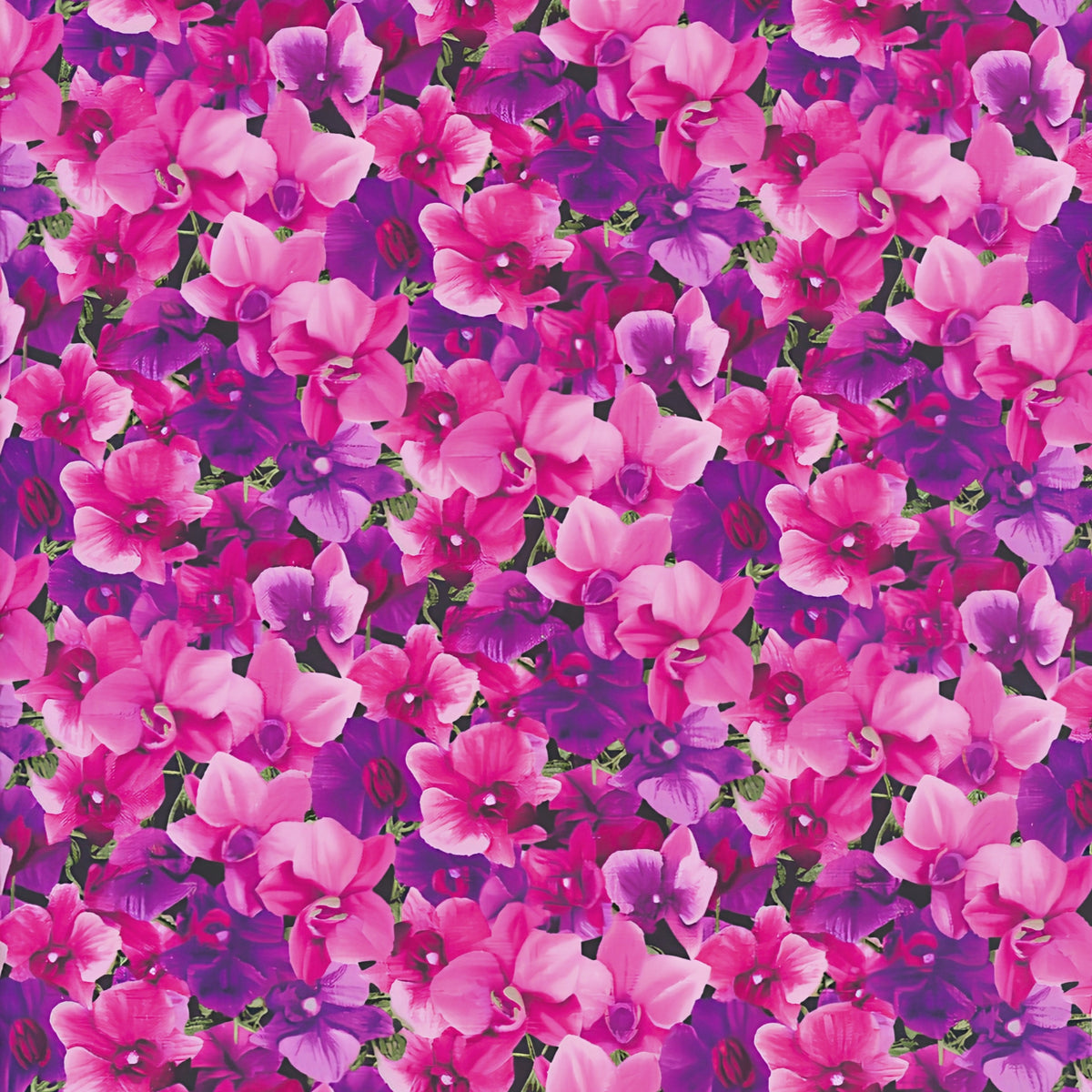Packed orchid blooms fuchsia hot pink purple quilting cotton realistic floral fabric for quilts cushion covers tote bags and bold sewing projects