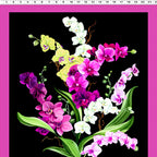 Orchid Fancy panel black quilting cotton realistic orchid bouquet in fuchsia pink white lilac purple with fuchsia border 2 blocks per panel for cushion covers wall hangings and quilts