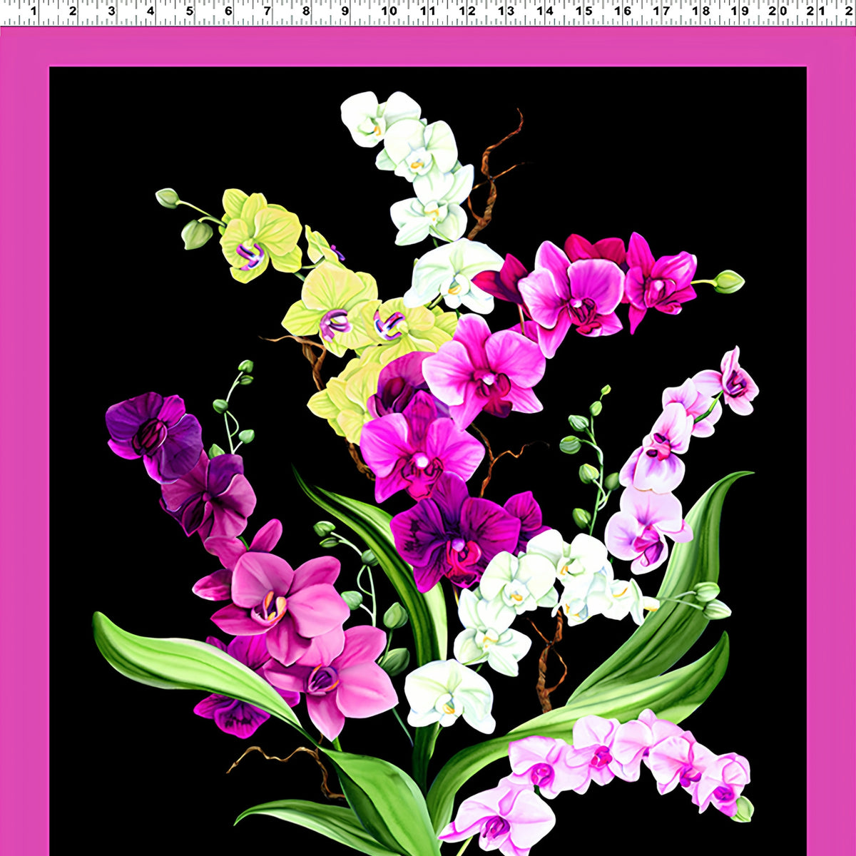 Orchid Fancy panel black quilting cotton realistic orchid bouquet in fuchsia pink white lilac purple with fuchsia border 2 blocks per panel for cushion covers wall hangings and quilts