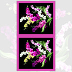Orchid Fancy panel black quilting cotton realistic orchid bouquet in fuchsia pink white lilac purple with fuchsia border 2 blocks per panel for cushion covers wall hangings and quilts