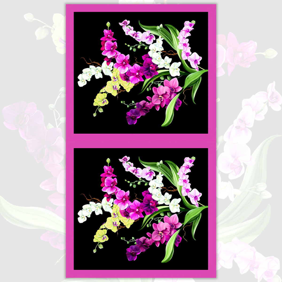 Orchid Fancy panel black quilting cotton realistic orchid bouquet in fuchsia pink white lilac purple with fuchsia border 2 blocks per panel for cushion covers wall hangings and quilts