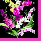 Orchid Fancy panel black quilting cotton realistic orchid bouquet in fuchsia pink white lilac purple with fuchsia border 2 blocks per panel for cushion covers wall hangings and quilts