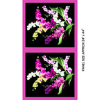 Orchid Fancy panel black quilting cotton realistic orchid bouquet in fuchsia pink white lilac purple with fuchsia border 2 blocks per panel for cushion covers wall hangings and quilts