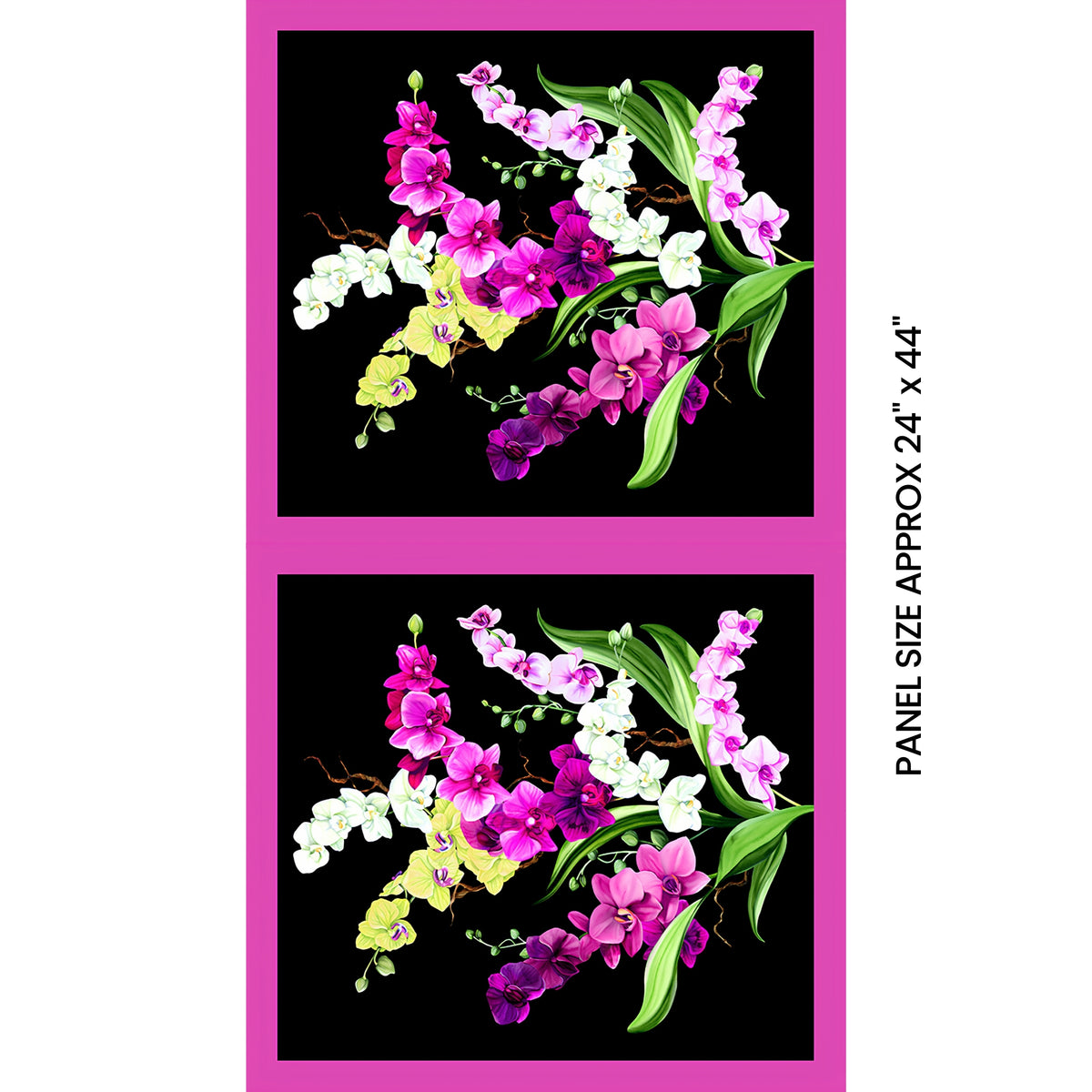 Orchid Fancy panel black quilting cotton realistic orchid bouquet in fuchsia pink white lilac purple with fuchsia border 2 blocks per panel for cushion covers wall hangings and quilts