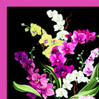Orchid Fancy panel black quilting cotton realistic orchid bouquet in fuchsia pink white lilac purple with fuchsia border 2 blocks per panel for cushion covers wall hangings and quilts