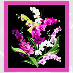 Orchid Fancy panel black quilting cotton realistic orchid bouquet in fuchsia pink white lilac purple with fuchsia border 2 blocks per panel for cushion covers wall hangings and quilts