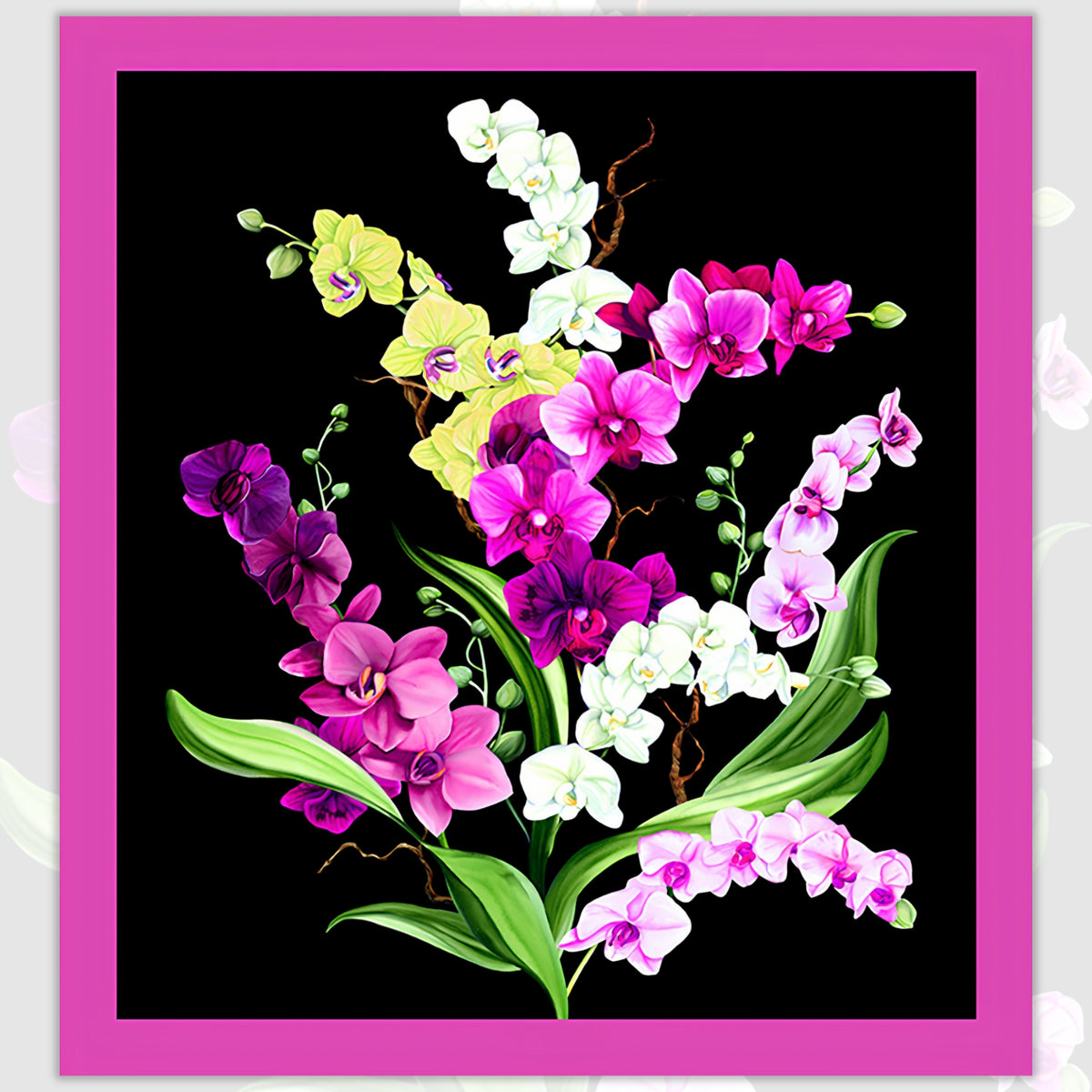 Orchid Fancy panel black quilting cotton realistic orchid bouquet in fuchsia pink white lilac purple with fuchsia border 2 blocks per panel for cushion covers wall hangings and quilts