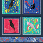 Outback Beauty block panel Australian birds black cockatoo galah lyrebird blue native flora fabric wall hangings cushions patchwork projects