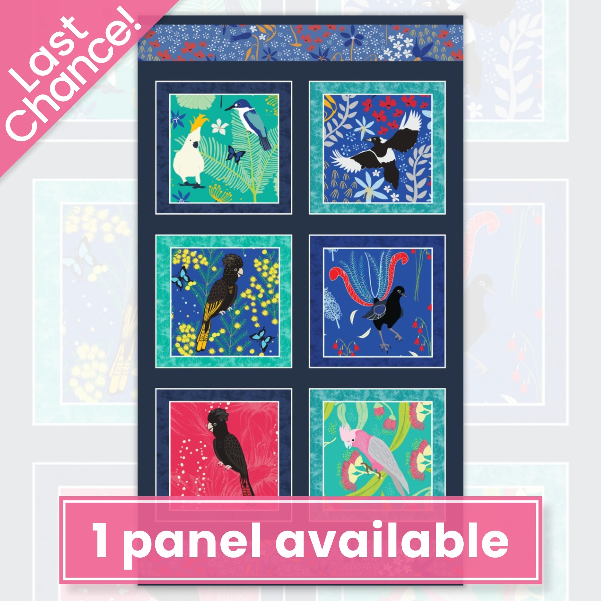 Outback Beauty panel Australian birds black cockatoo galah lyrebird blue native flora fabric wall hangings cushions patchwork projects