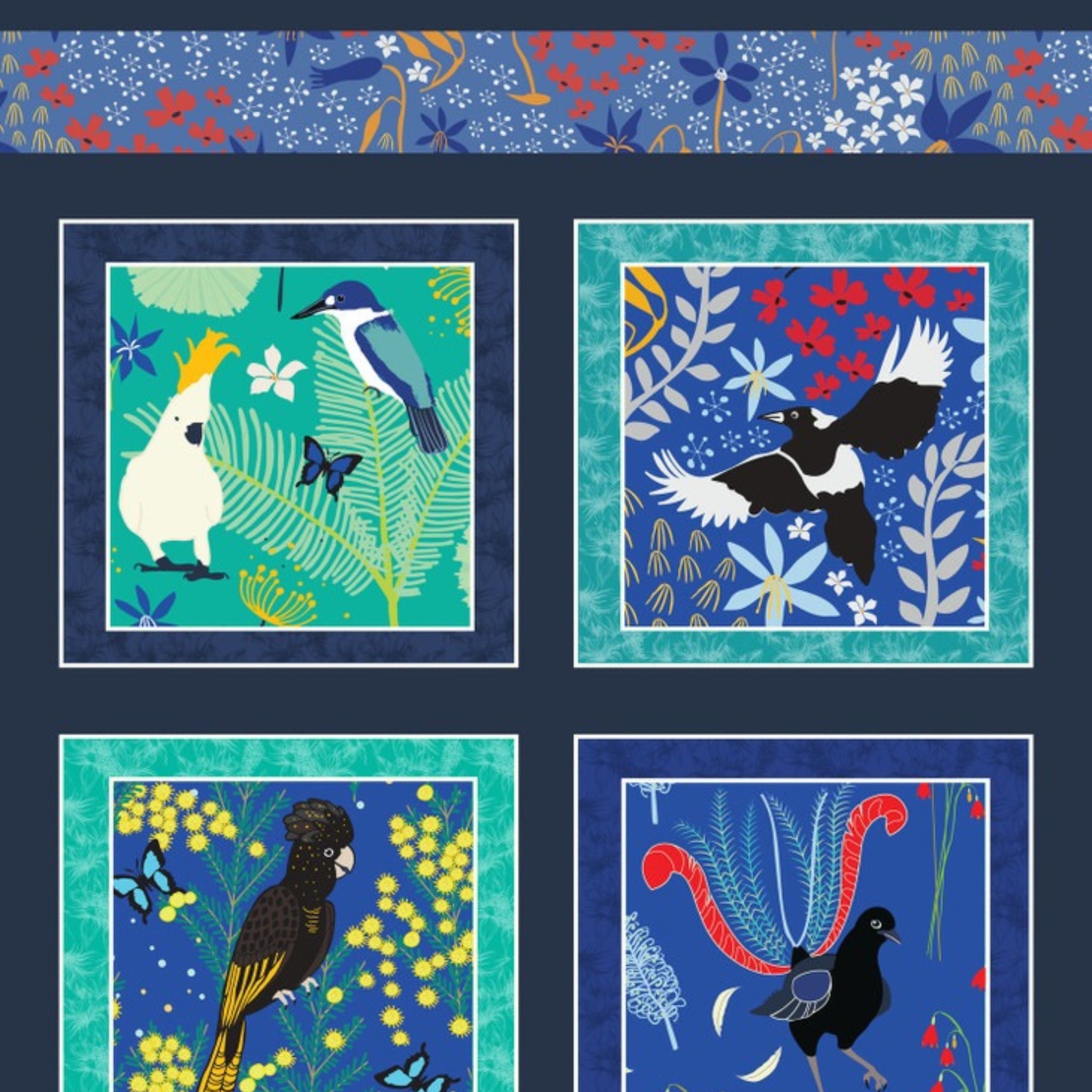 Outback Beauty panel Australian birds black cockatoo galah lyrebird blue native flora fabric wall hangings cushions patchwork projects