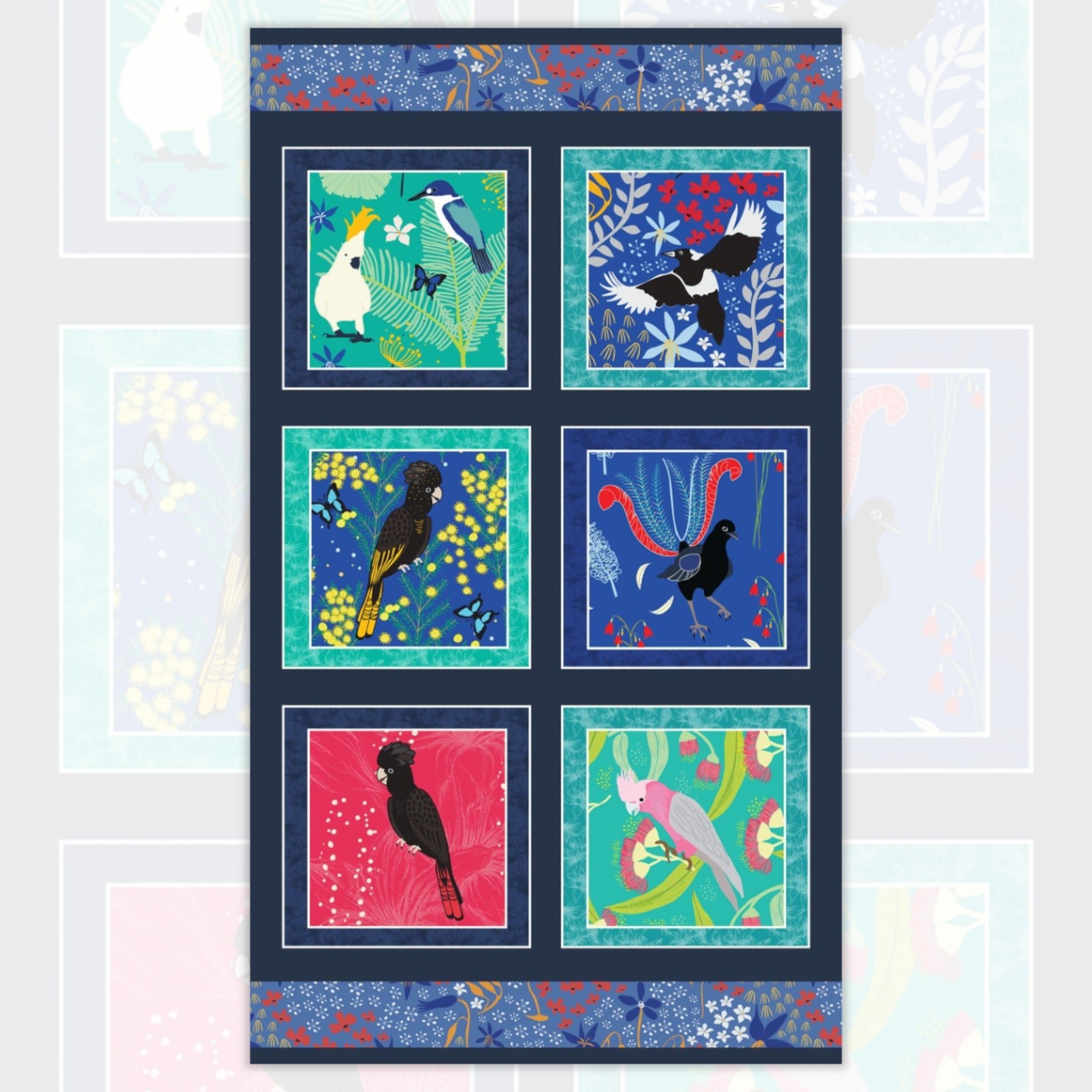Outback Beauty panel Australian birds black cockatoo galah lyrebird blue native flora fabric wall hangings cushions patchwork projects