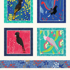 Outback Beauty block panel Australian birds black cockatoo galah lyrebird aqua native flora fabric wall hangings cushions patchwork projects