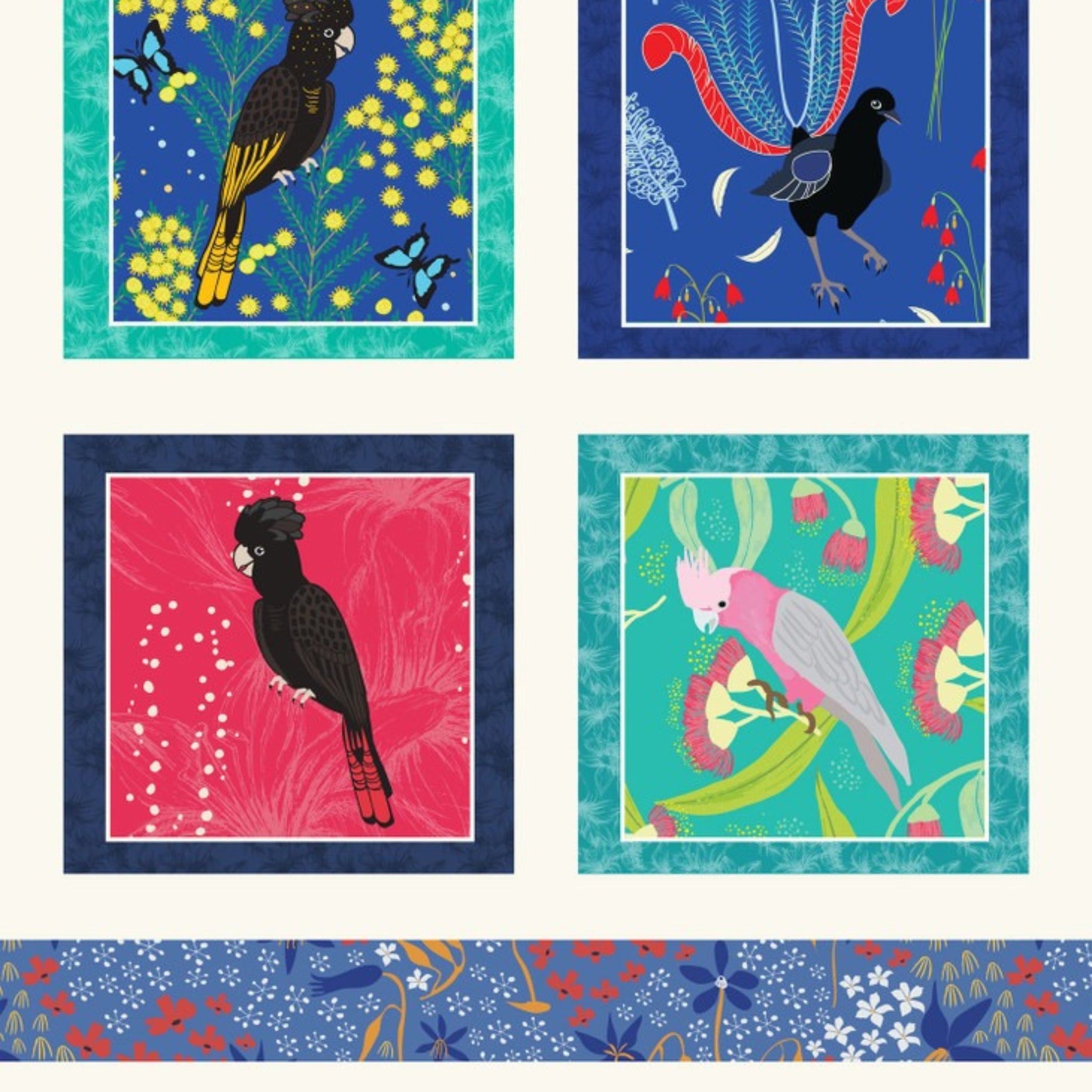Outback Beauty block panel Australian birds black cockatoo galah lyrebird aqua native flora fabric wall hangings cushions patchwork projects