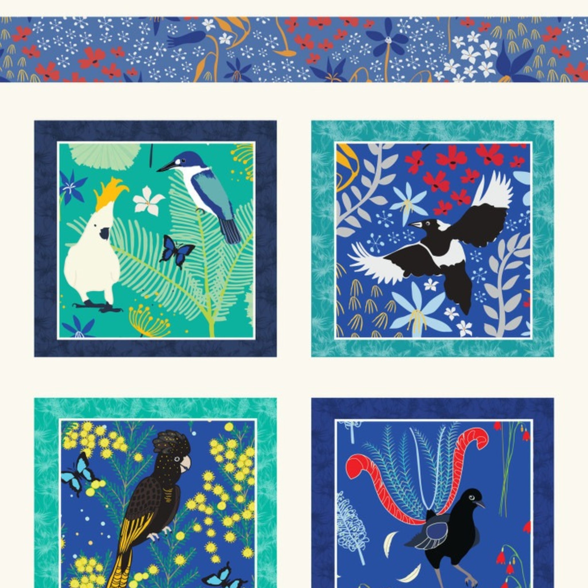 Outback Beauty panel Australian birds black cockatoo galah lyrebird aqua native flora fabric wall hangings cushions patchwork sewing