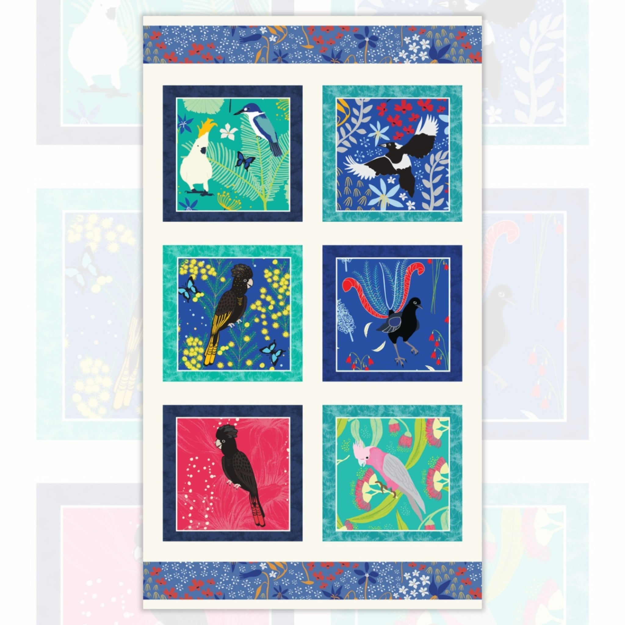 Outback Beauty panel Australian birds black cockatoo galah lyrebird aqua native flora fabric wall hangings cushions patchwork projects