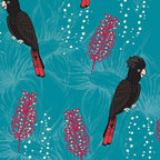 Black cockatoos crimson bottlebrush turquoise fabric for Australian-themed quilts and patchwork projects