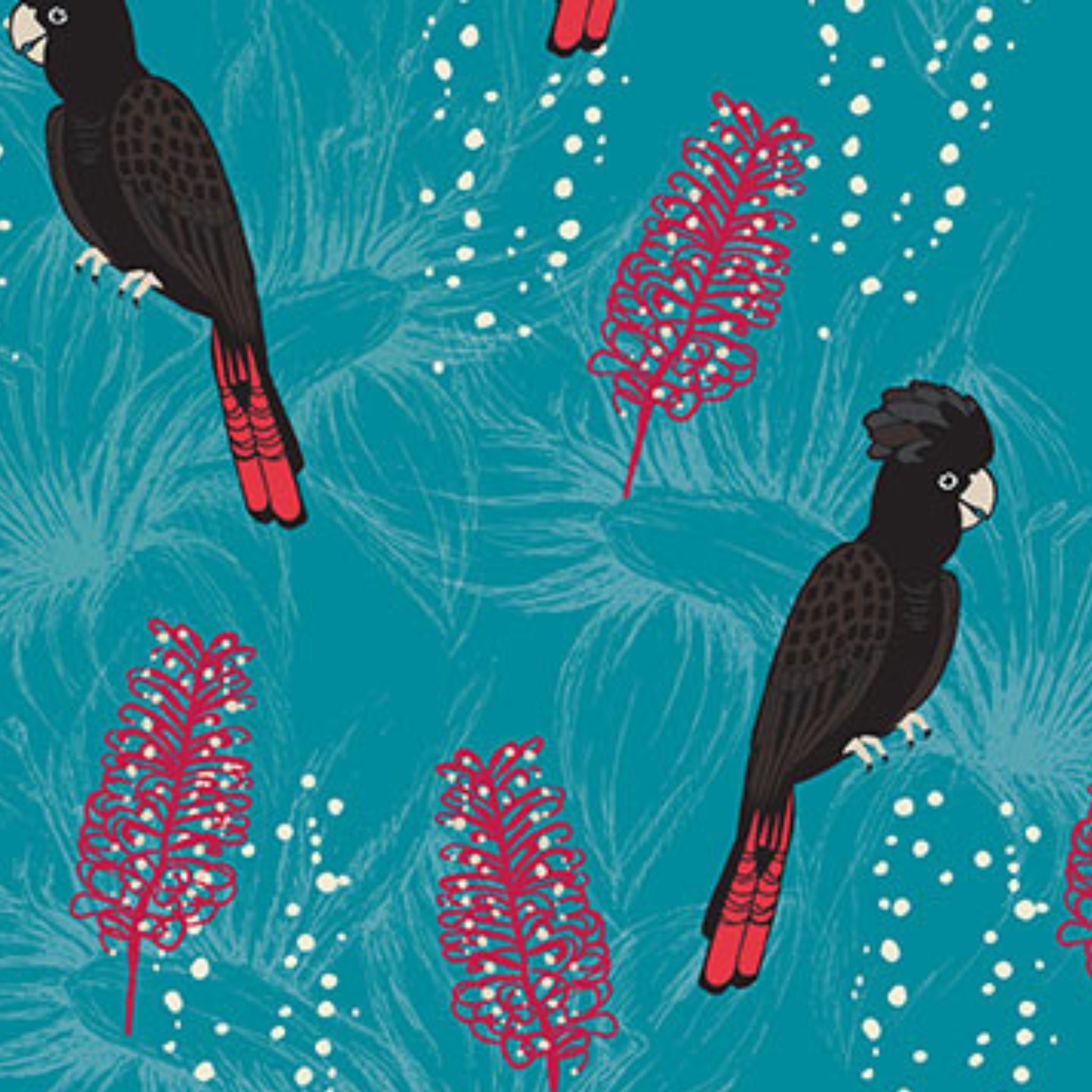 Black cockatoos crimson bottlebrush turquoise fabric for Australian-themed quilts and patchwork projects