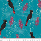 Black cockatoos crimson bottlebrush turquoise fabric for Australian-themed quilts and patchwork projects