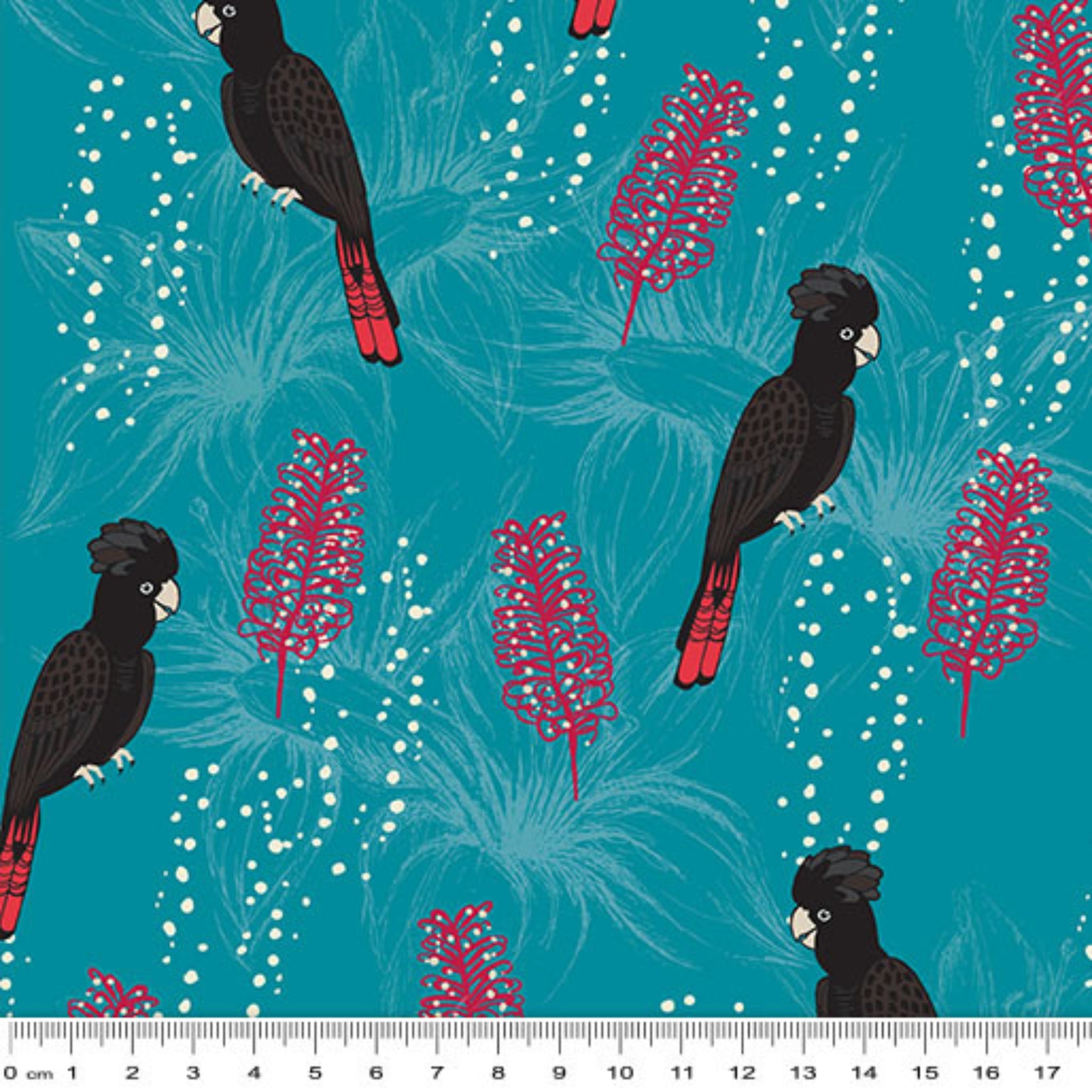 Black cockatoos crimson bottlebrush turquoise fabric for Australian-themed quilts and patchwork projects