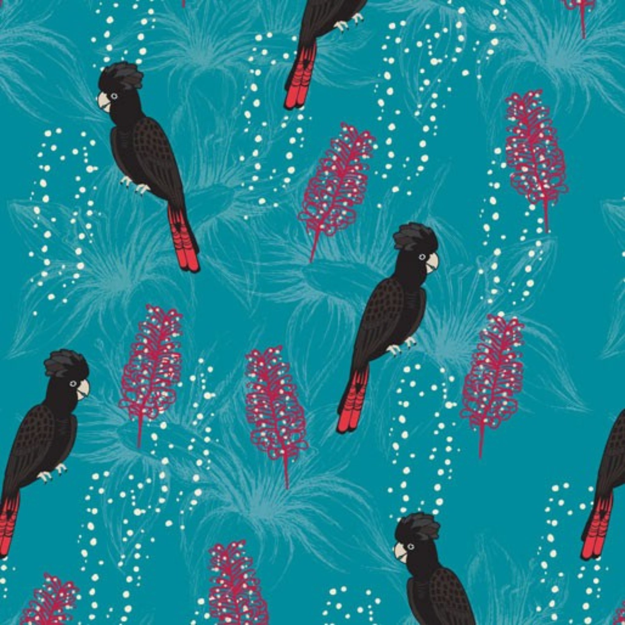 Black cockatoos crimson bottlebrush turquoise fabric for Australian-themed quilts and patchwork projects