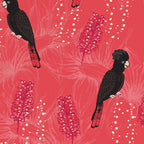 Black cockatoos crimson bottlebrush red fabric for Australian-themed quilts and patchwork projects