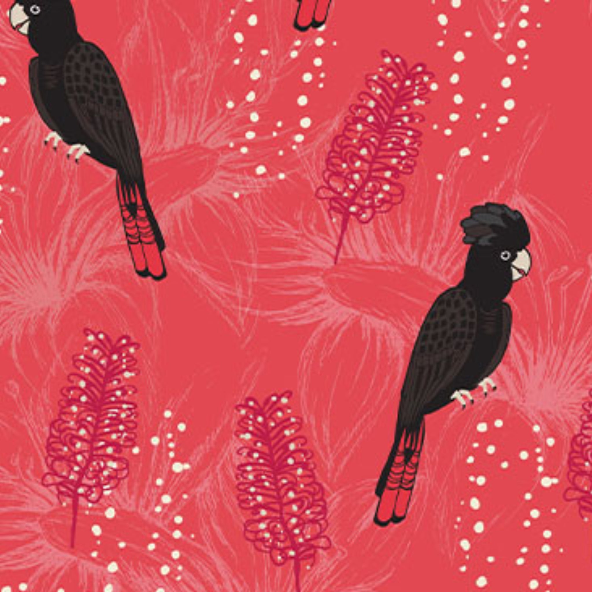 Black cockatoos crimson bottlebrush red fabric for Australian-themed quilts and patchwork projects