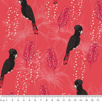 Black cockatoos crimson bottlebrush red fabric for Australian-themed quilts and patchwork projects