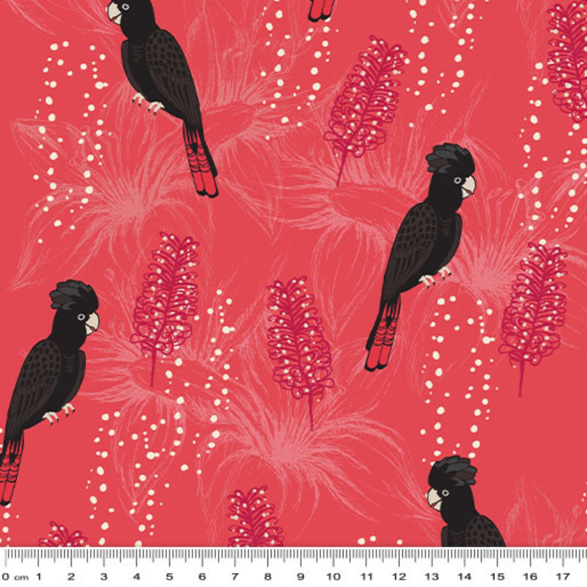Black cockatoos crimson bottlebrush red fabric for Australian-themed quilts and patchwork projects