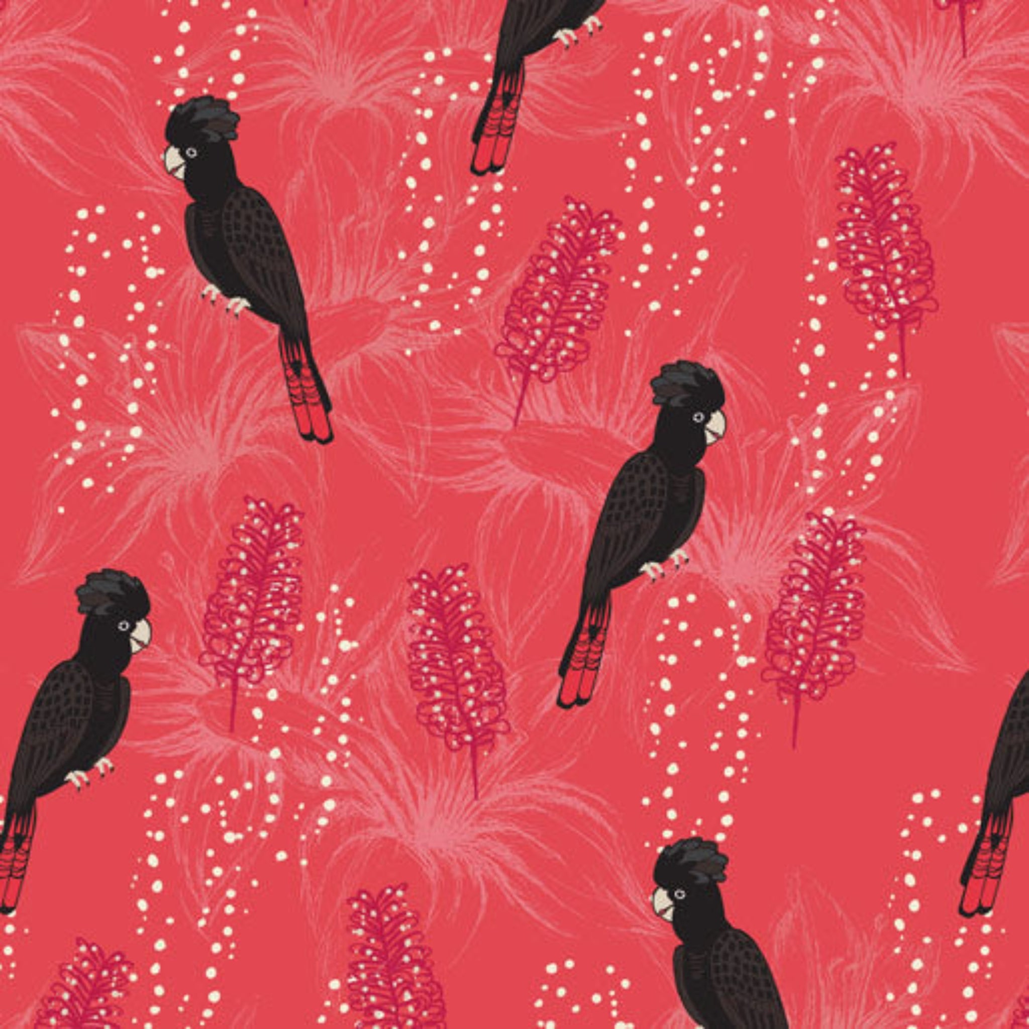 Black cockatoos crimson bottlebrush red fabric for Australian-themed quilts and patchwork projects