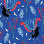 Lyrebirds native flora red blooms blue fabric for Australian-themed quilts and patchwork projects