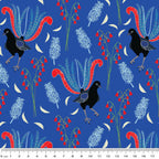 Lyrebirds native flora red blooms blue fabric for Australian-themed quilts and patchwork sewing