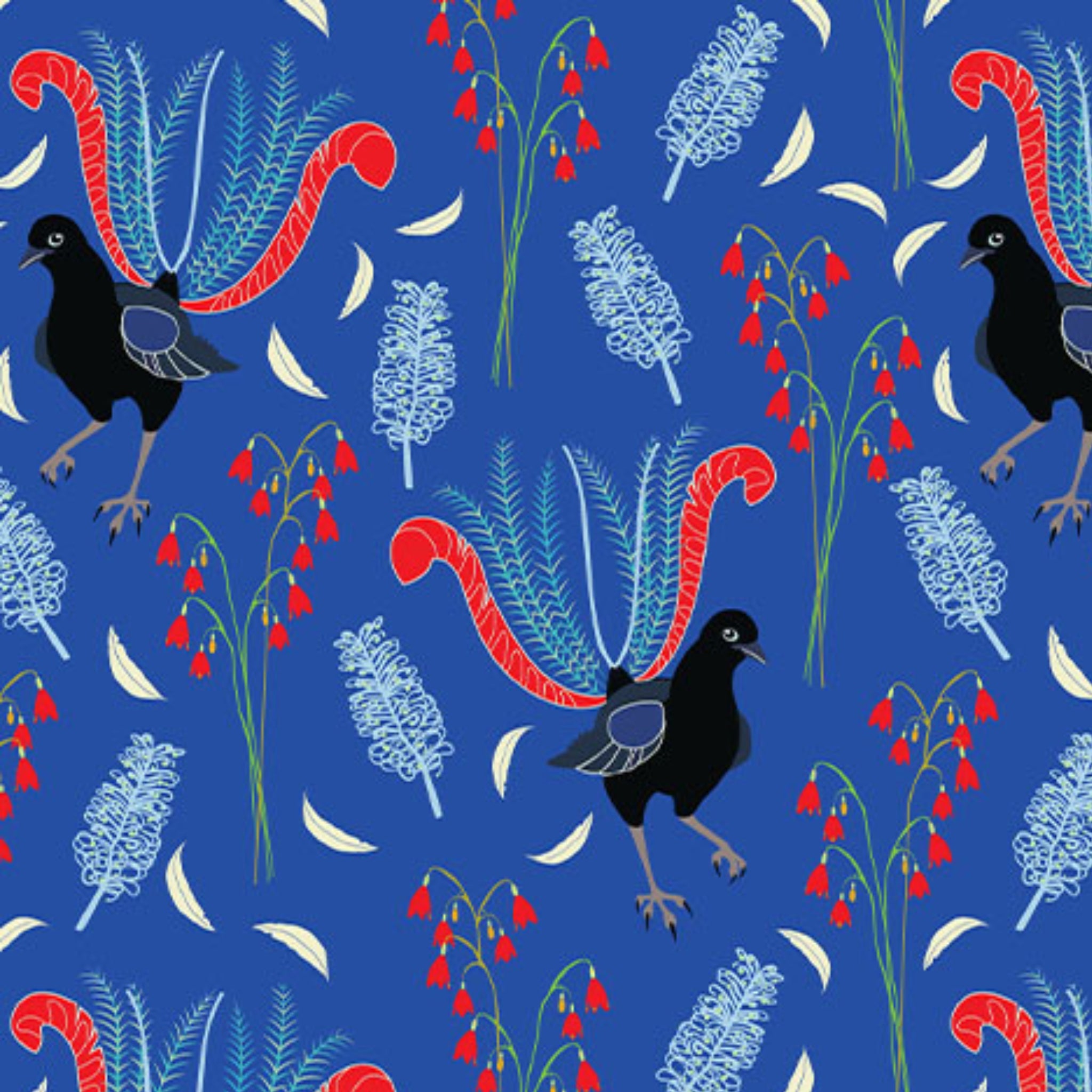 Lyrebirds native flora red blooms blue fabric for Australian-themed quilts and patchwork projects