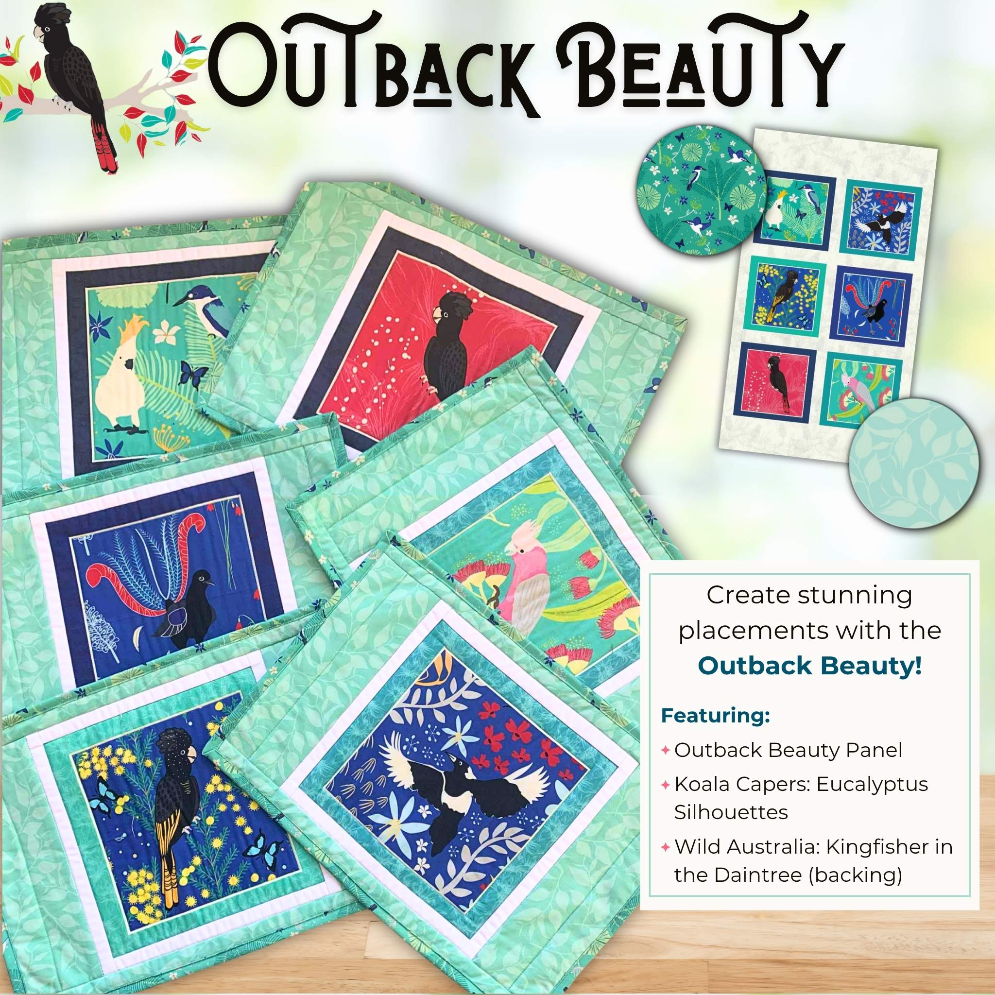 Outback Beauty placemats featuring Australian birds panel with black cockatoo galah lyrebird wattle and native flora on turquoise backing