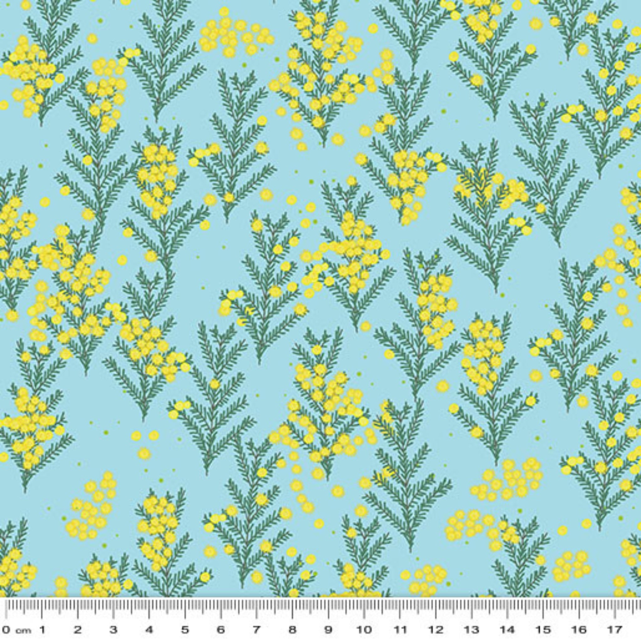 Wattle blossoms yellow sky blue fabric for Australian-themed quilts and patchwork sewing