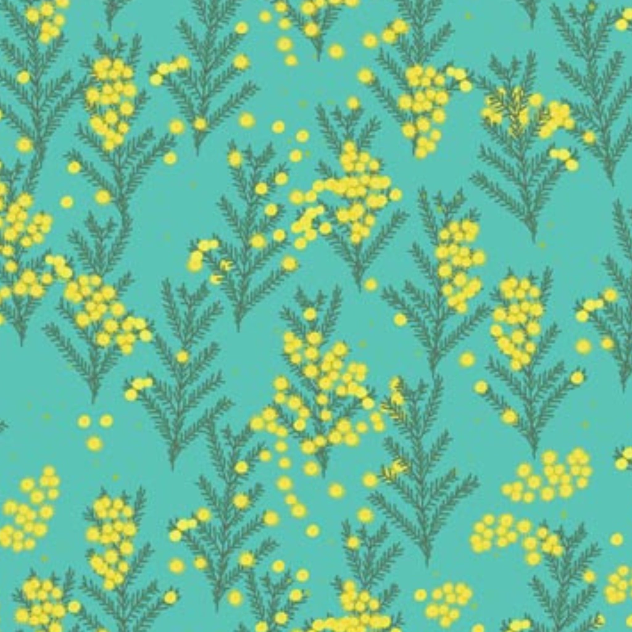 Wattle blossoms yellow turquoise fabric for Australian-themed quilts and patchwork projects