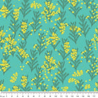 Wattle blossoms yellow turquoise fabric for Australian-themed quilts and patchwork sewing