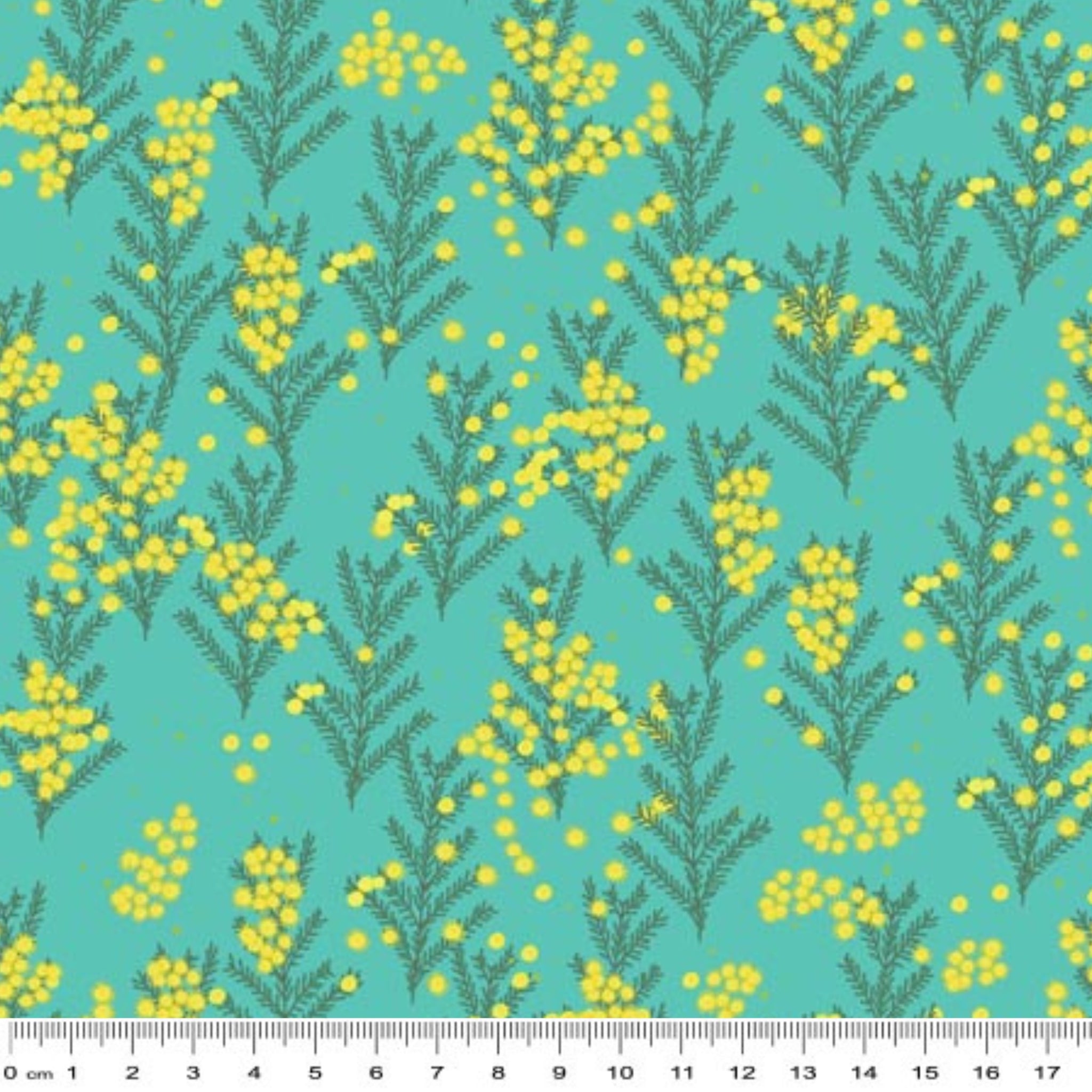Wattle blossoms yellow turquoise fabric for Australian-themed quilts and patchwork sewing