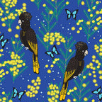 Yellow-tailed black cockatoos wattle Ulysses butterflies blue fabric for Australian-themed quilts and patchwork sewing