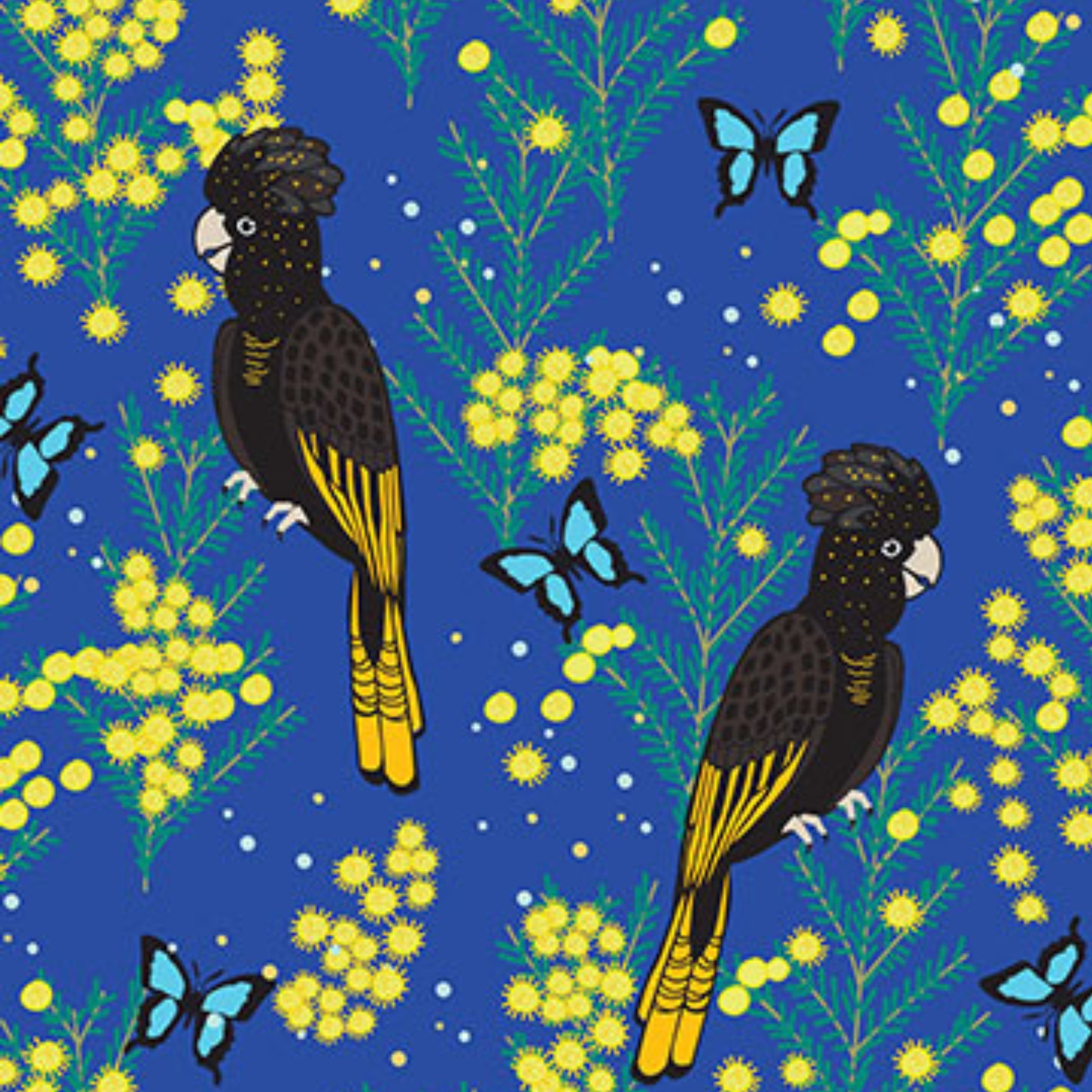 Yellow-tailed black cockatoos wattle Ulysses butterflies blue fabric for Australian-themed quilts and patchwork sewing