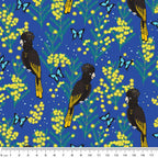 Yellow-tailed black cockatoos wattle Ulysses butterflies blue fabric for Australian-themed quilts and patchwork projects