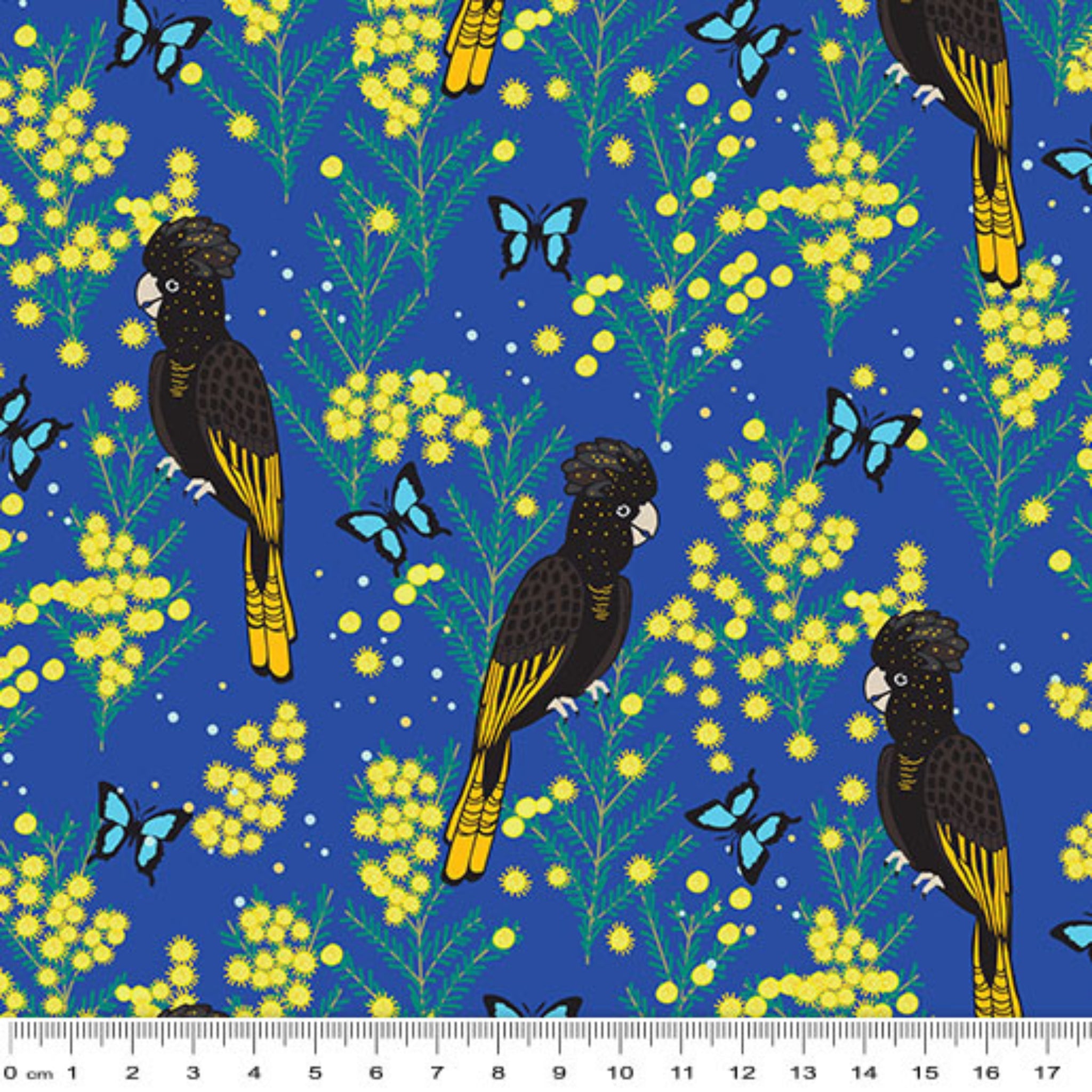 Yellow-tailed black cockatoos wattle Ulysses butterflies blue fabric for Australian-themed quilts and patchwork projects