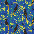Yellow-tailed black cockatoos wattle Ulysses butterflies blue fabric for Australian-themed quilts and patchwork projects