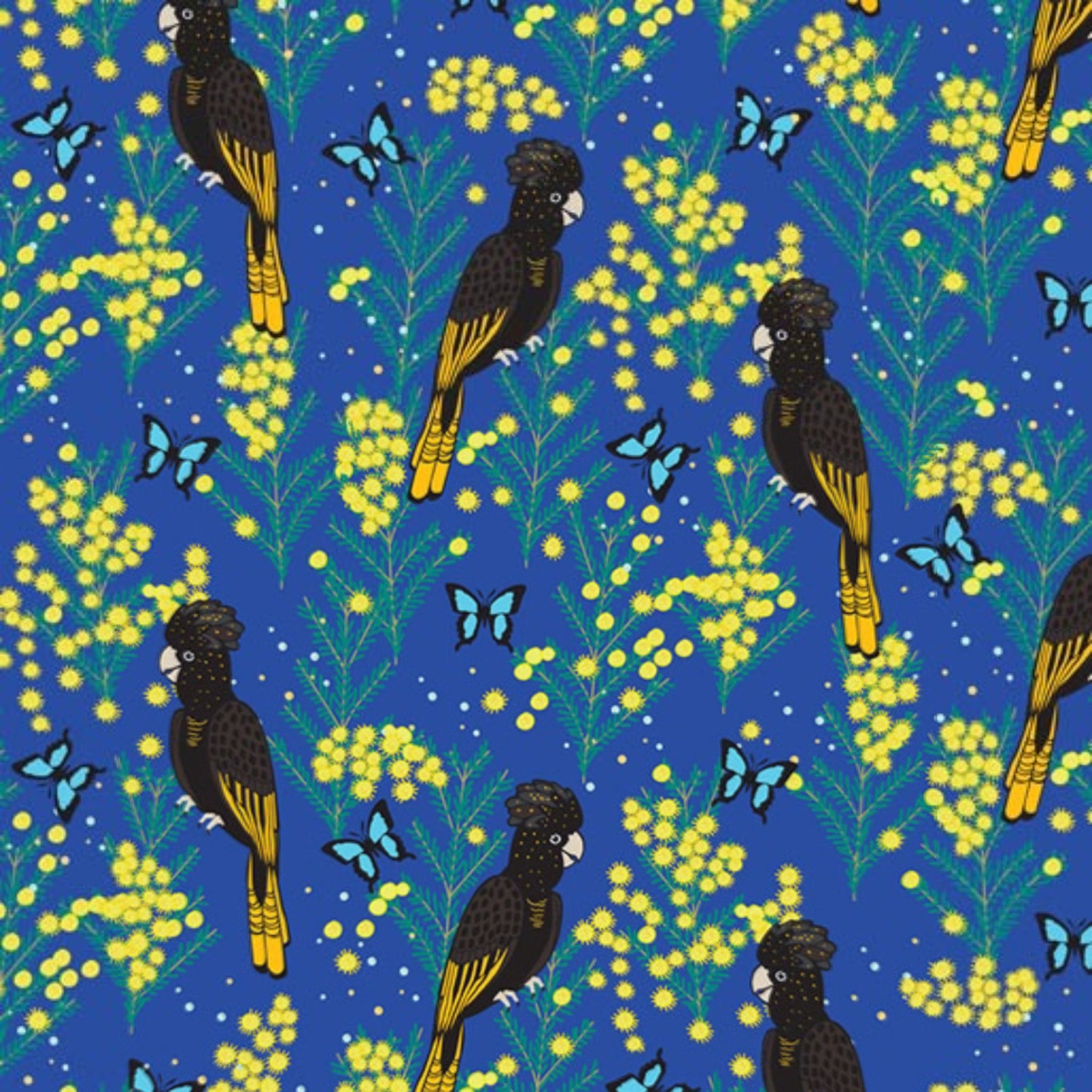 Yellow-tailed black cockatoos wattle Ulysses butterflies blue fabric for Australian-themed quilts and patchwork projects