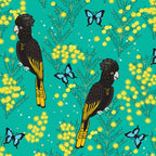 Yellow-tailed black cockatoos wattle Ulysses butterflies turquoise fabric for Australian-themed quilts and patchwork sewing