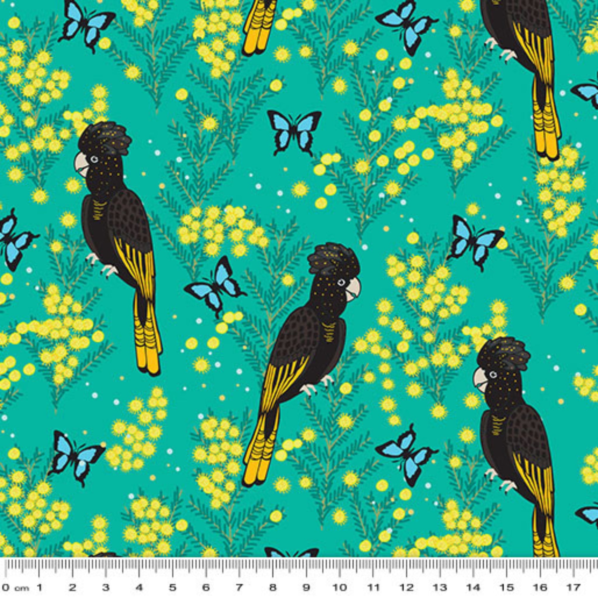 Yellow-tailed black cockatoos wattle Ulysses butterflies turquoise fabric for Australian-themed quilts and patchwork projects