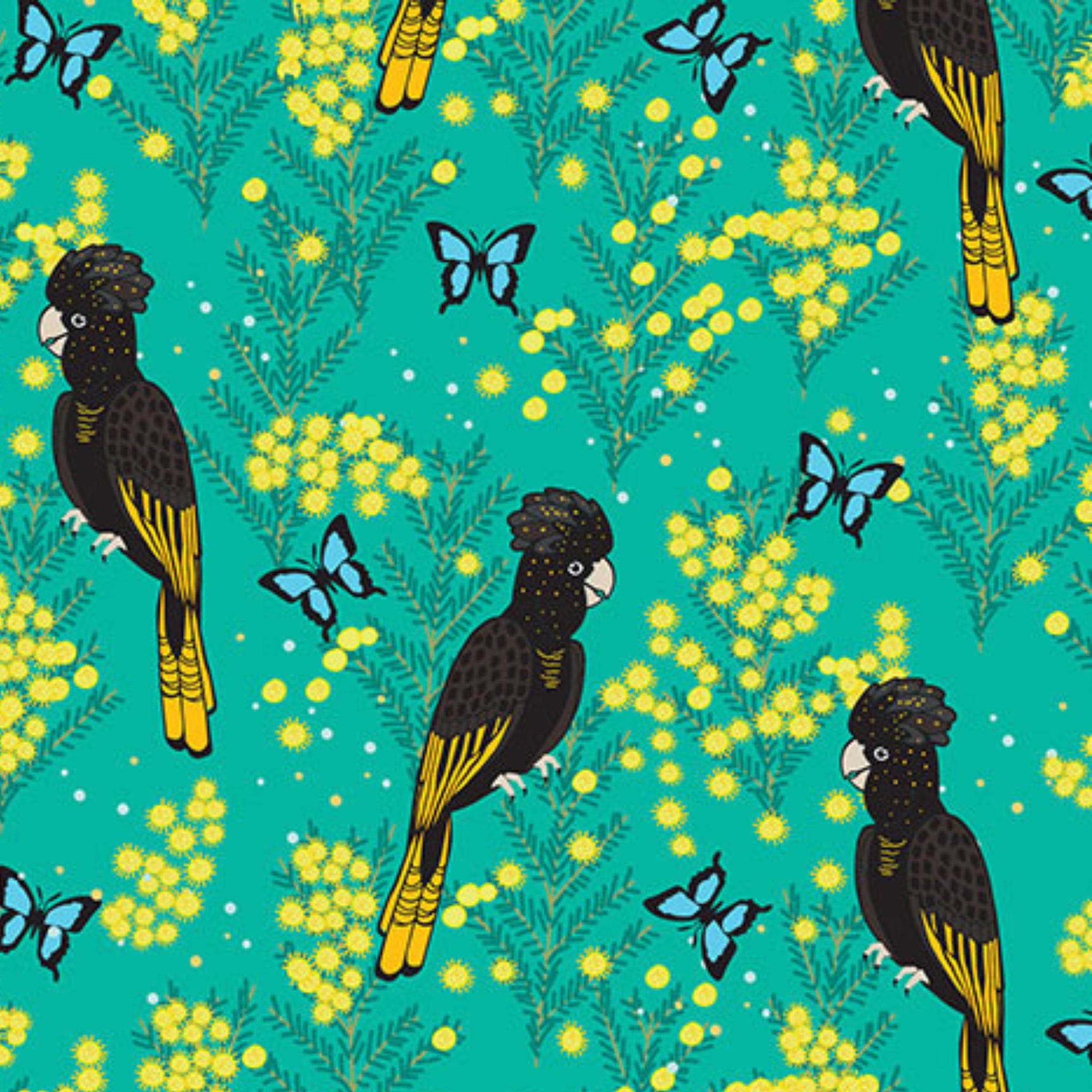Yellow-tailed black cockatoos wattle Ulysses butterflies turquoise fabric for Australian-themed quilts and patchwork projects