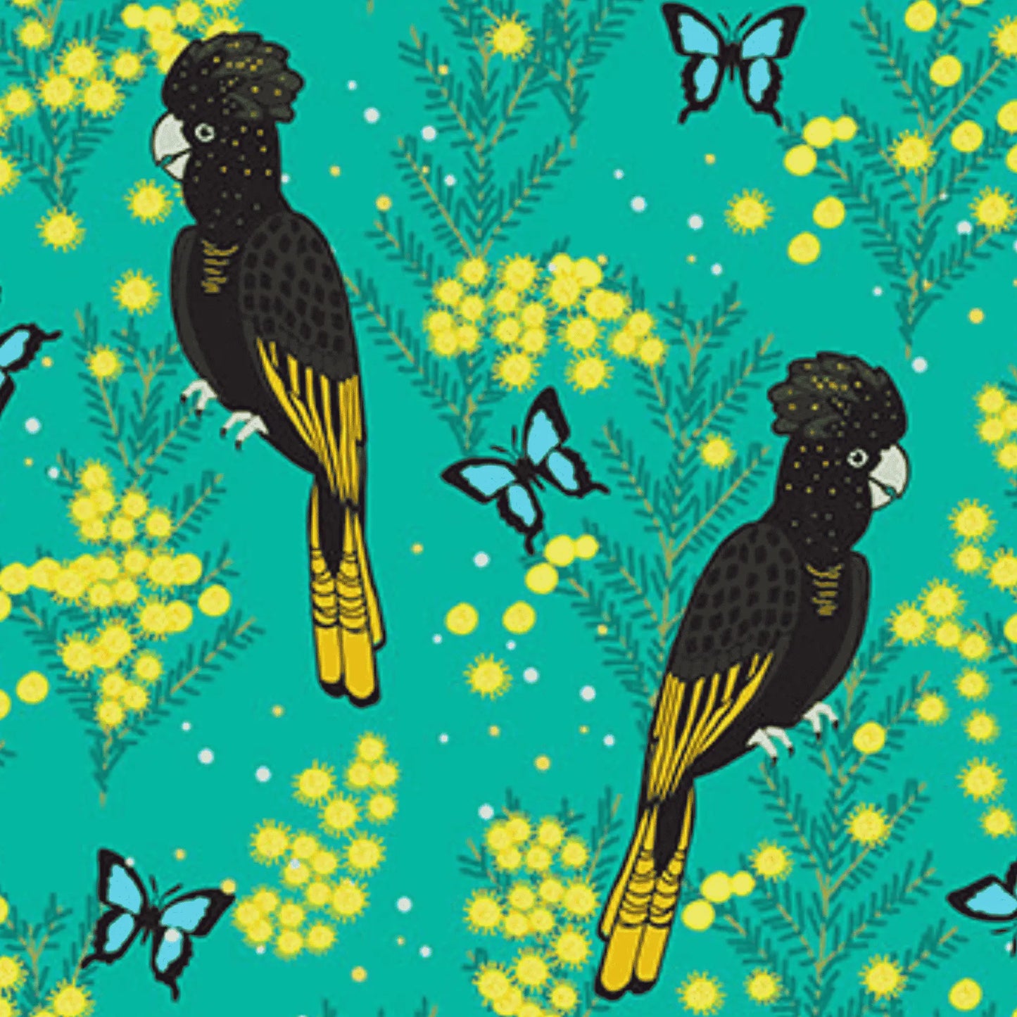 Outback Beauty Yellow-tailed Black Cockatoo Turquoise - Amanda Joy Designs KK Fabrics - Three Wishes Patchwork Fabric