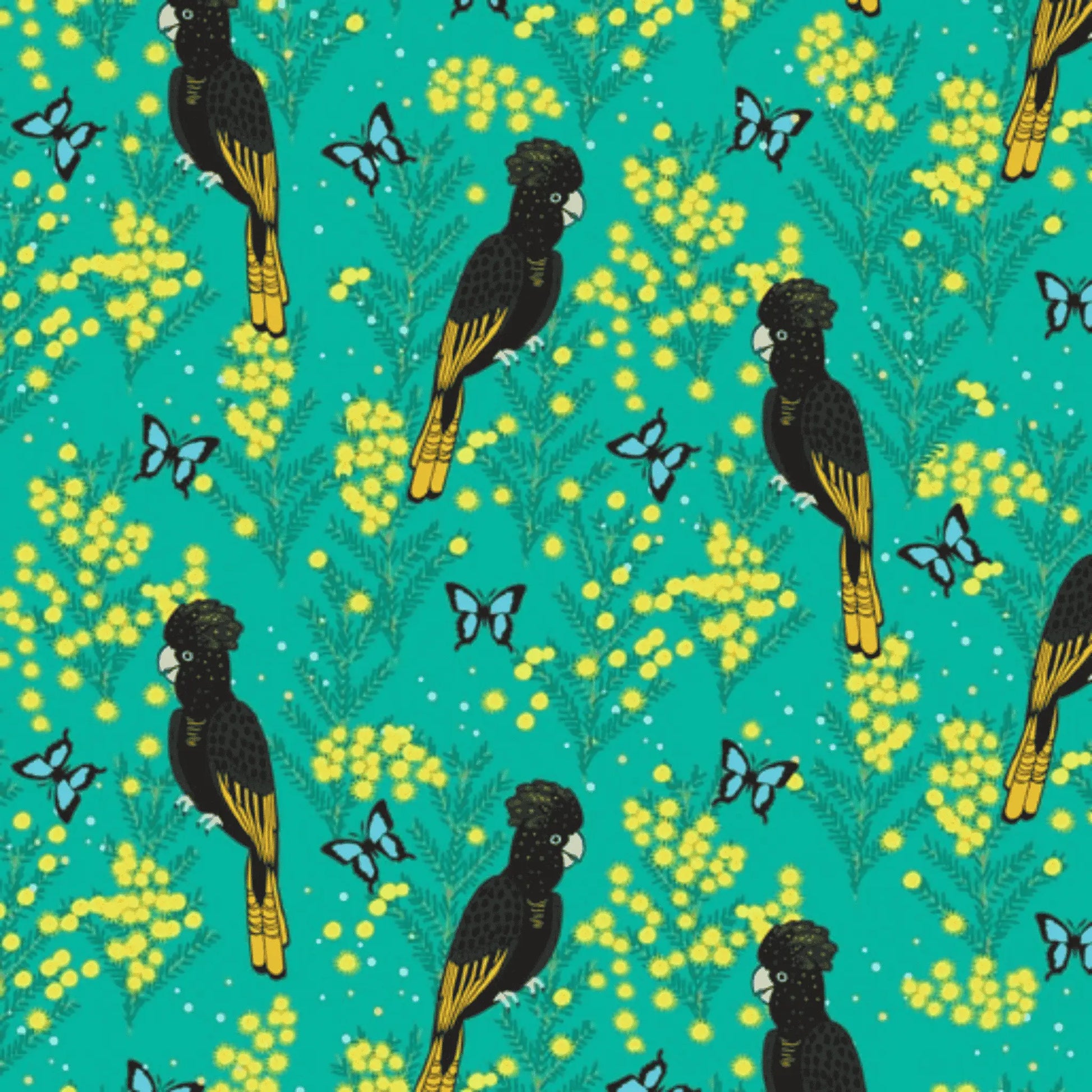 Outback Beauty Yellow-tailed Black Cockatoo Turquoise - Amanda Joy Designs KK Fabrics - Three Wishes Patchwork Fabric