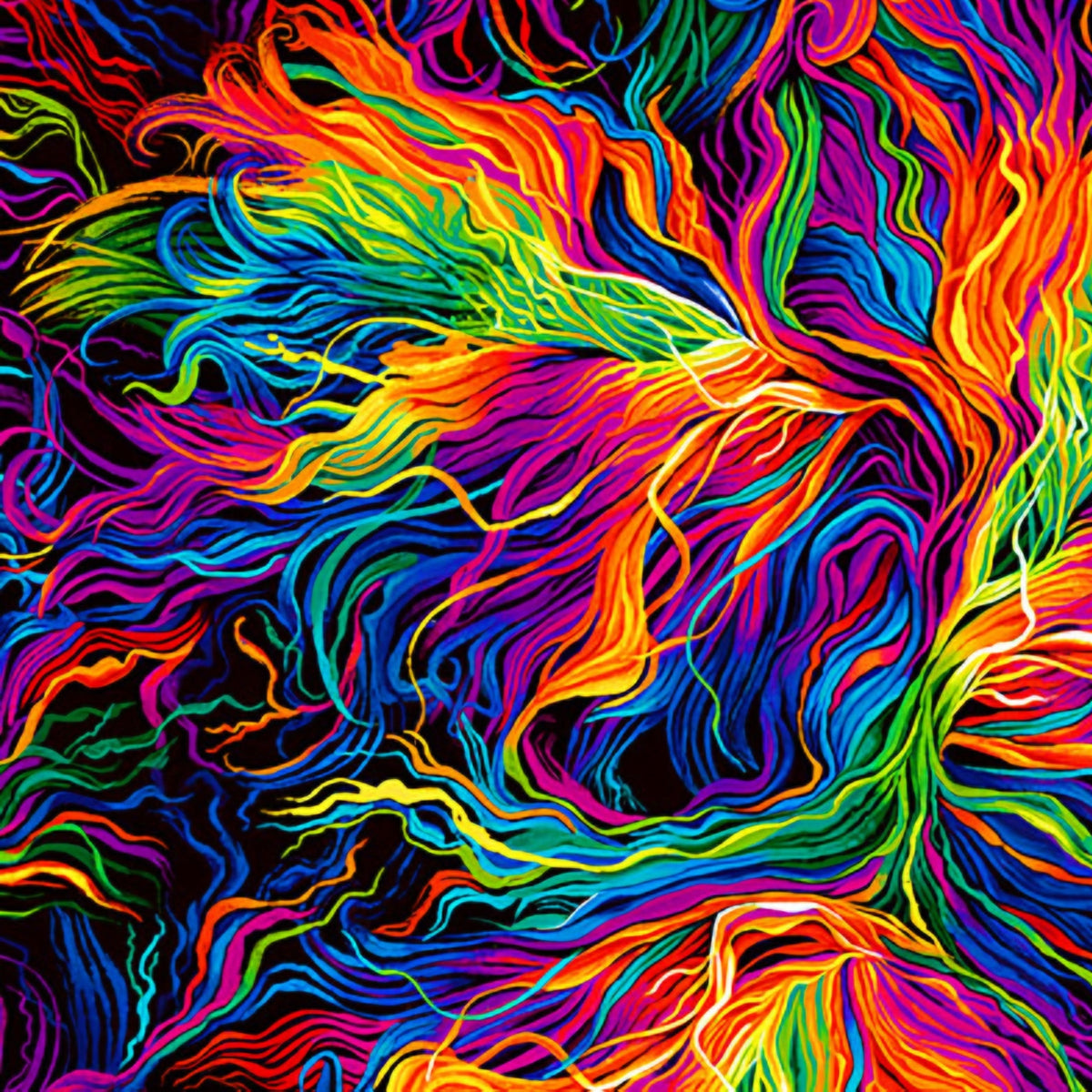 Swirling rainbow horse mane blender orange red pink purple blue green yellow black background digital print fabric for horse quilts feature backgrounds bags and bold patchwork sewing projects