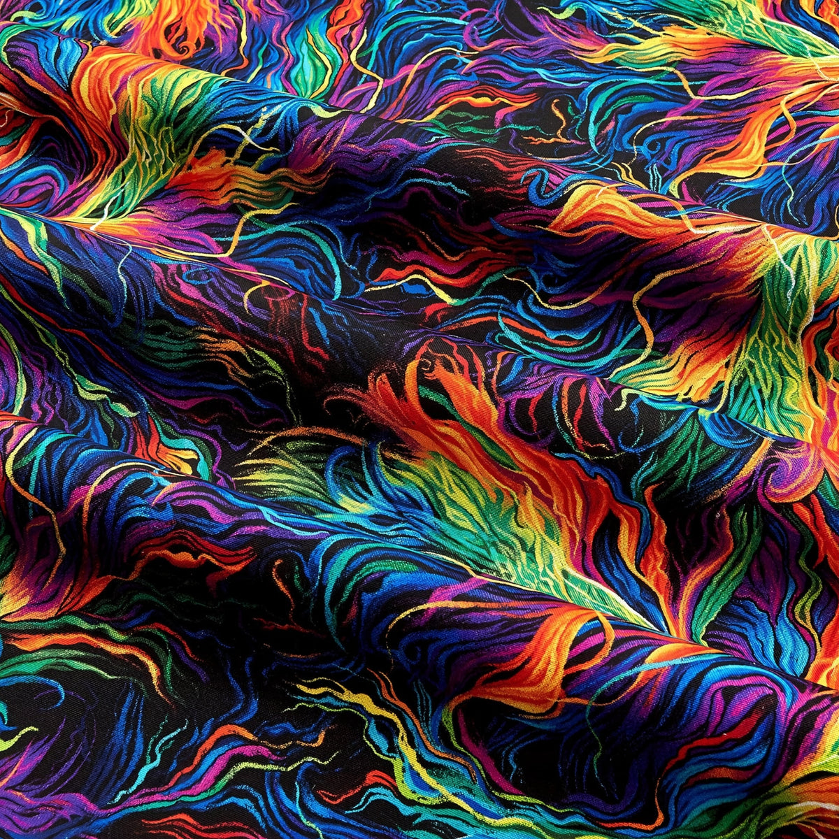 Swirling rainbow horse mane blender orange red pink purple blue green yellow black background digital print fabric for horse quilts feature backgrounds bags and bold patchwork sewing projects
